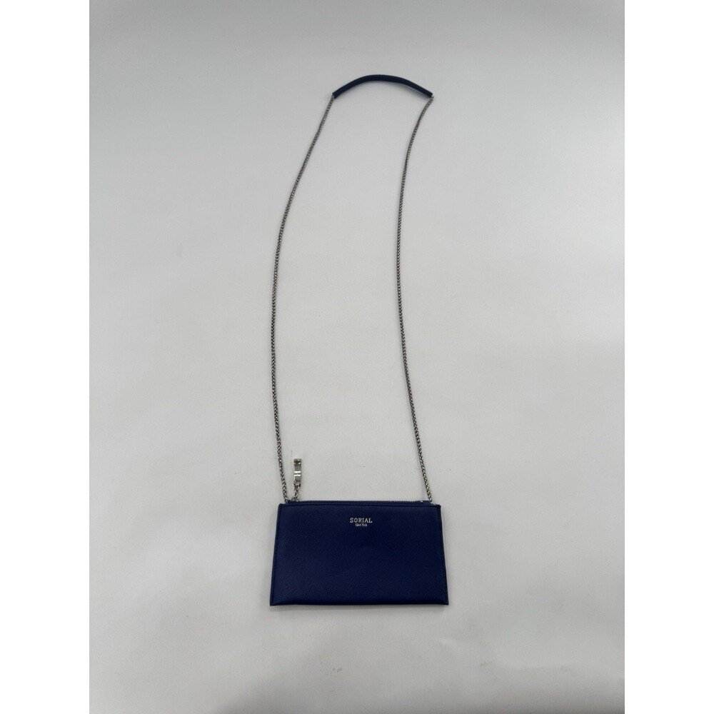 SORIAL NEW YORK Saffiano Crossbody Purse Leather Blue Mini Silver Chain Leopard
